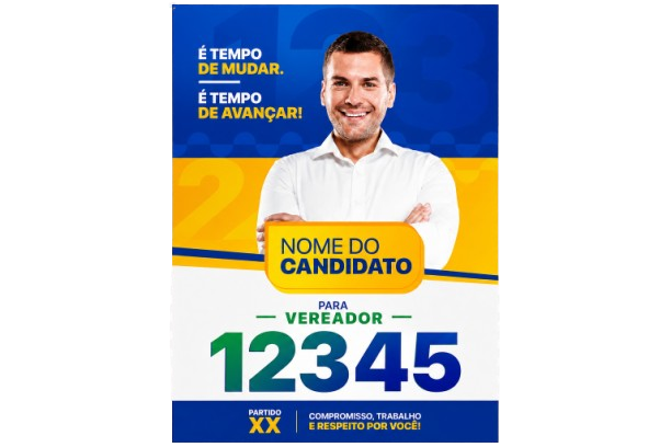 Mockup de cartaz eleitoral vertical impresso pela Gráfica Imediata em Porto Velho (RO), com retrato do candidato, faixa amarela para o nome e número azul de campanha — formatos 30x42, 42x60 e 60x84 cm em papel couchê 90 g/m², atendimento para Eleições 2026 em Rondônia e Acre.