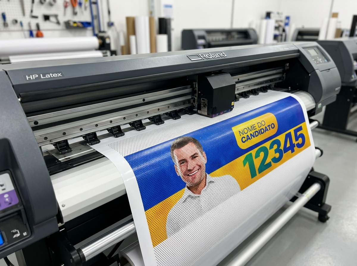 Impressora de grande formato Roland/HP Latex produzindo material de comunicação visual para campanha política